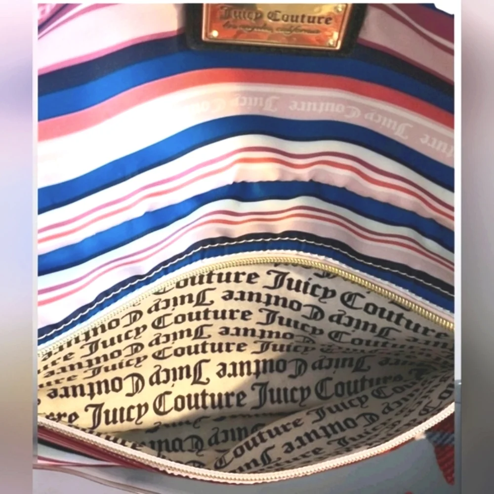 Juicy Couture Wild Heart Striped Full Size Backpack Gold Hardware Goth Text EUC